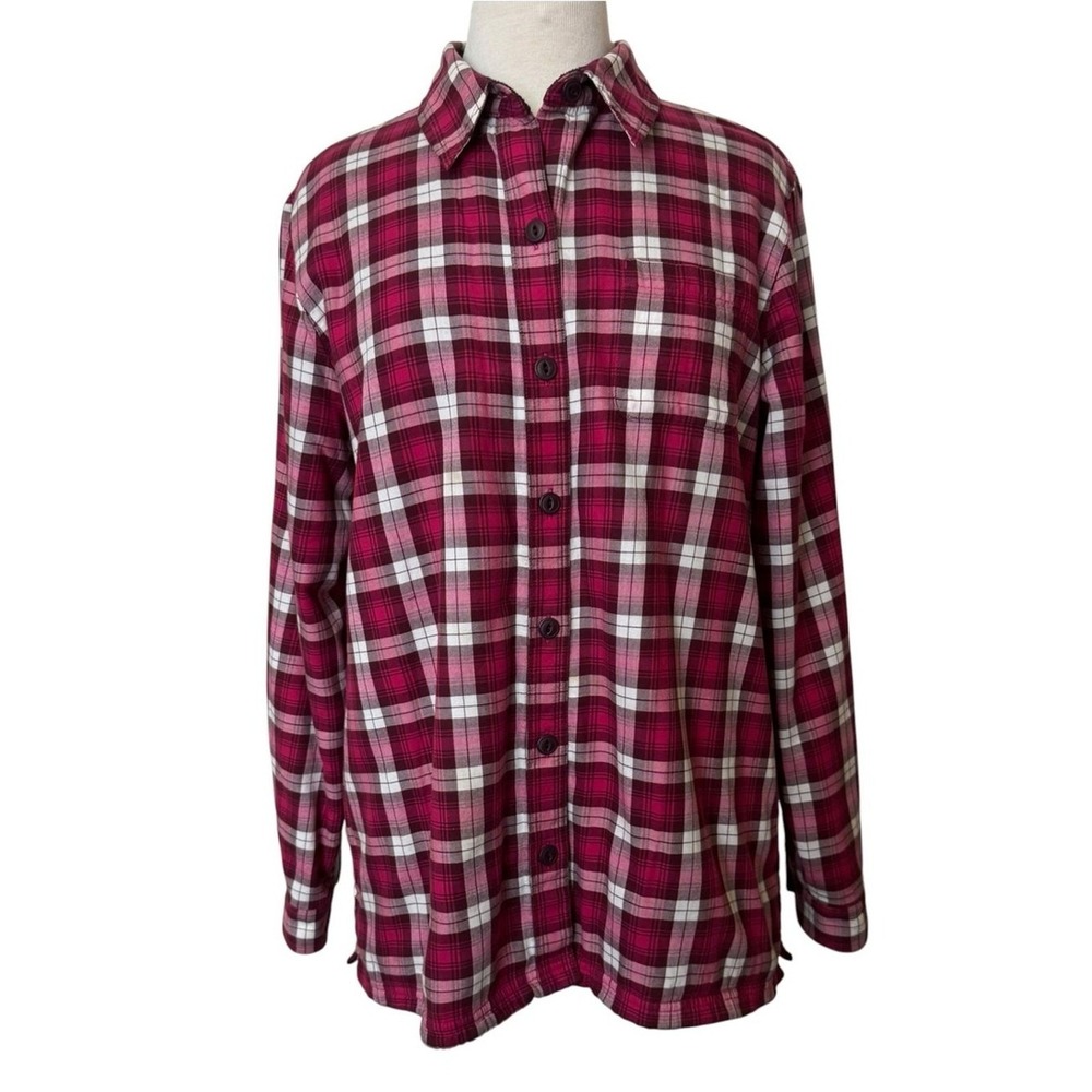 L.L. Bean Womens Fleece Lined Pink Plaid Flannel Button Up Shirt Shacket Size M